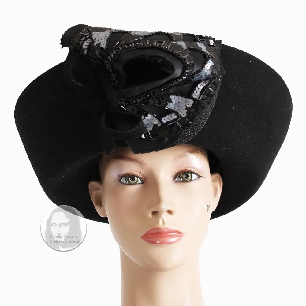 Mr. John Hat Breton Black Wool Felt Embellished Sequins Bow Formal Vintage 60s